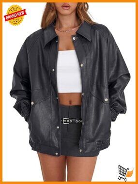 Oversized Faux Leather Motorcycle Jacket Zip Up Winter Coat